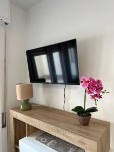 un televisor sentado en la parte superior de un estante de madera con una flor en Venice Rooms, en Favaro Veneto