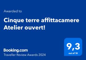 Certifikát, hodnocení, plakát nebo jiný dokument vystavený v ubytování Cinque terre affittacamere Atelier ouvert!