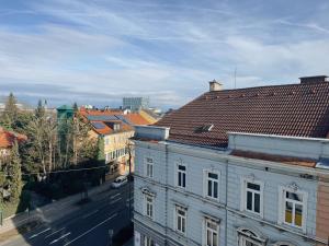 a view of a city with buildings and a street at Modernes Apartment Wels City Center in Wels