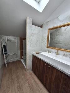 La salle de bains est pourvue d'un lavabo et d'une douche. dans l'établissement Joli Loft avec extérieur et parking gratuit, à Ivry-sur-Seine