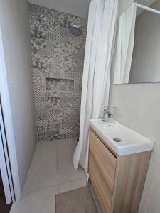a bathroom with a sink and a shower with a mirror at La maison de villenouvelle in Toulouse