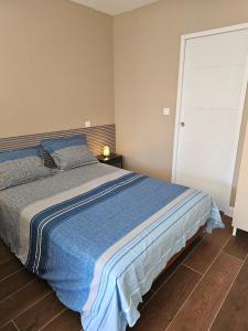 Schlafzimmer mit einem großen Bett mit blauer Decke in der Unterkunft La maison de villenouvelle in Toulouse