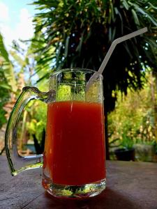 a glass mug of red liquid sitting on a table at Turtle Island Cabana in Tangalle