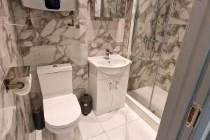 a bathroom with a toilet and a sink and a shower at Warm 1-bedroom London apartment in London