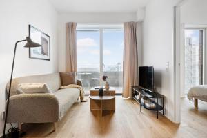 een woonkamer met een bank en een tv bij Seaside apartment with magical balcony view in Aarhus