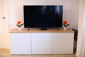 einen Fernseher auf einem weißen Schrank mit zwei Pflanzen in der Unterkunft Maestro Damián Moderno Apartamento a Estrenar en Bilbao in Bilbao