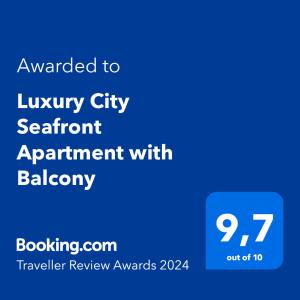 um sinal azul com o texto concedido ao luxuoso acordo de povoação da cidade com a padaria em Luxury City Seafront Apartment with Balcony em Helsinque