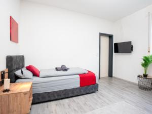 SR24 - Stilvolle Wohnung 2 in Herten في هيرتين: غرفة نوم بسرير وتلفزيون بشاشة مسطحة