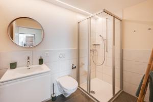 La salle de bains est pourvue d'une douche, de toilettes et d'un lavabo. dans l'établissement Bijou Lohnerblick - sonnig mit Terrasse&Bergsicht, à Adelboden