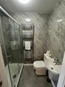 a bathroom with a shower and a toilet and a sink at Tractor and Lawnmower Apartments in Boston