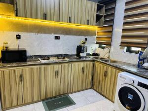 een keuken met een wastafel en een wasmachine bij Sweet Serenity with Ecstatic Views in Lagos