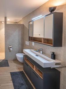 a bathroom with a sink and a toilet at New & Stylish Studio in prime location in Lausanne