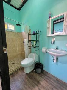 a blue bathroom with a toilet and a sink at Casa Tela in Tela