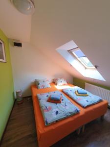 2 camas individuales en una habitación con tragaluz en Sunshine Apartment Velence en Velence