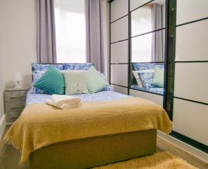 a bedroom with a bed with blue pillows and a mirror at Central Ground Floor Flat Free Parking in London