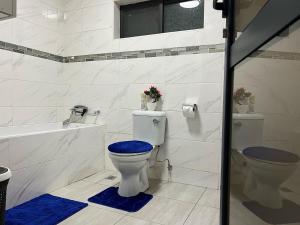 La salle de bains est pourvue de toilettes, d'une baignoire et d'un lavabo. dans l'établissement Roma Apartments, à Lusaka