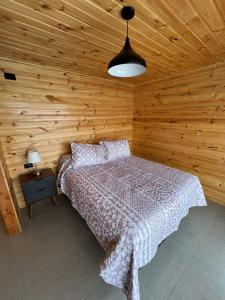 1 dormitorio con 1 cama en una habitación de madera en Cabañas Santa Elena en Pelluhue