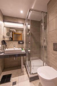 a bathroom with a shower and a sink and a toilet at HVD Grand Hotel Suhl Business & Leisure in Suhl