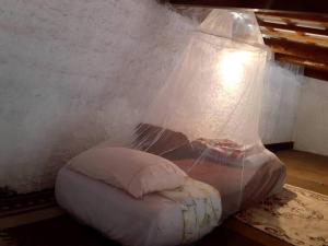 ein Bett mit einem Netz darüber in einem Zimmer in der Unterkunft Casa de campo em Embu das Artes in Embu