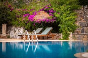 a swimming pool with a bench and purple flowers at Aquarius Hotel in Kaş