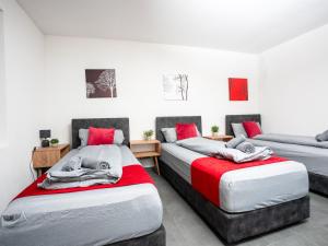 two beds in a room with red and grey at Serviceroom24 - Apartment 1 in Recklinghausen WLAN - Smart-TV - 24-7 Check-in und Küche in Recklinghausen
