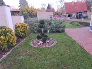 a garden with a flower bed with trees in the grass at Ferienwohnung am Weißgerbermuseum in Doberlug-Kirchhain