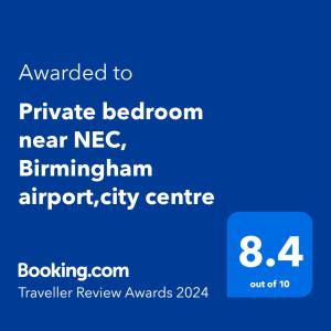 Сертификат, награда, табела или друг документ на показ в Private bedroom near NEC, Birmingham airport,city centre