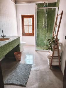 La salle de bains est pourvue d'un lavabo, d'une douche et d'une échelle. dans l'établissement Casa Om, à Dosríus