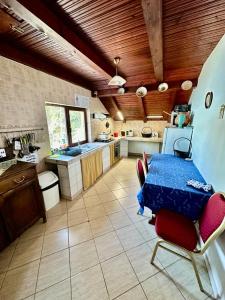 a large kitchen with a blue table and chairs at Pensiunea Beatrice in Întorsura Buzăului