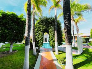 a garden with palm trees and a swimming pool at Hotel La Cascada in Aguascalientes