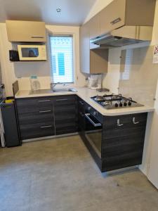 拉特朗布拉德的住宿－Mobil home 108 Siblu La Pignade Fun pass non inclus，厨房配有黑色橱柜和炉灶烤箱。