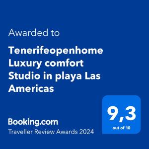 a screenshot of a phone with the text upgraded to terreperitone luxury comfort at Tenerifeopenhome Luxury comfort Studio in playa Las Americas in Playa de las Americas