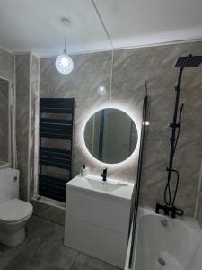 a bathroom with a sink and a toilet and a mirror at 34 Green Arbour Road in Brampton en le Morthen