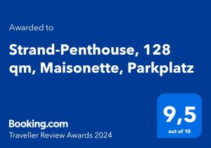 Majutusasutuses Strand-Penthouse, 128 qm, Maisonette, Parkplatz olev sertifikaat, autasu, silt või muu dokument