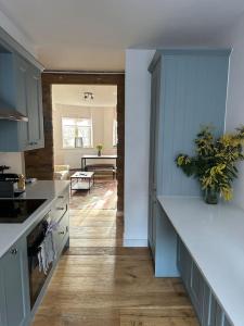 a kitchen with blue cabinets and a white counter top at Beautiful and spacious flat in Central Shoreditch in London