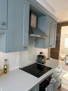 eine Küche mit blauen Schränken und einer Arbeitsplatte in der Unterkunft Beautiful and spacious flat in Central Shoreditch in London