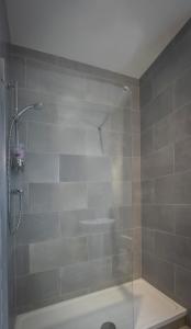 a shower with a glass door in a bathroom at Fitzsimons Hotel Temple Bar in Dublin