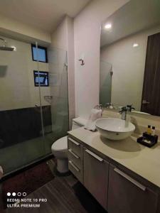 een badkamer met een wastafel, een toilet en een douche bij Nuevo departamento en Sonata, Blank, Lomas, puebla in Lomas de Angelopolis