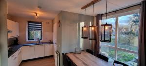 cocina con mesa de madera y ventana grande en Vakantiewoning Maas en Waal 146, en Ewijk