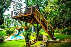 una casa en un árbol con una escalera en un árbol en Chácara Atibaia com Casa na Árvore, en Atibaia