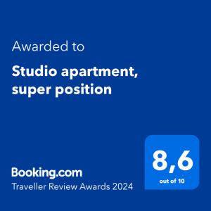 Certifikát, ocenenie alebo iný dokument vystavený v ubytovaní Studio apartment, super position
