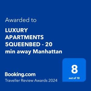 ein Screenshot eines Telefons mit dem Text, der an Luxusapartments verliehen wurde, ergab sich in min. in der Unterkunft LUXURY APARTMENTS 5QUEENBED - 20 min away Manhattan in Jersey City