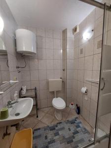 a small bathroom with a toilet and a sink at sunny apartments near the sandy beach in Omiš