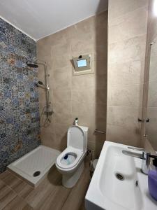een badkamer met een toilet, een wastafel en een douche bij Chambous house in Kelokedhara