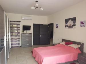 een slaapkamer met een roze bed en een dressoir bij Inessa's flat in Pieta