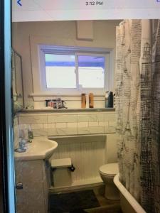 a bathroom with a sink and a toilet and a window at Ottawa Heritage Room Across OttawaU in Ottawa