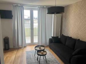 日内瓦Charmant Studio的客厅里有一张黑色沙发和一张桌子