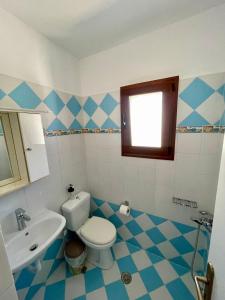 uma casa de banho azul e branca com um WC e um lavatório em Palamari Skyros em Skiros