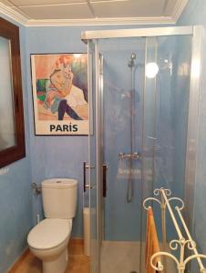 a bathroom with a toilet and a poster on the wall at Amapola Alojamiento Rural in Zuheros
