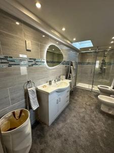 uma casa de banho com um lavatório, um WC e um chuveiro em Riverside Seaside Apartment em Littlehampton